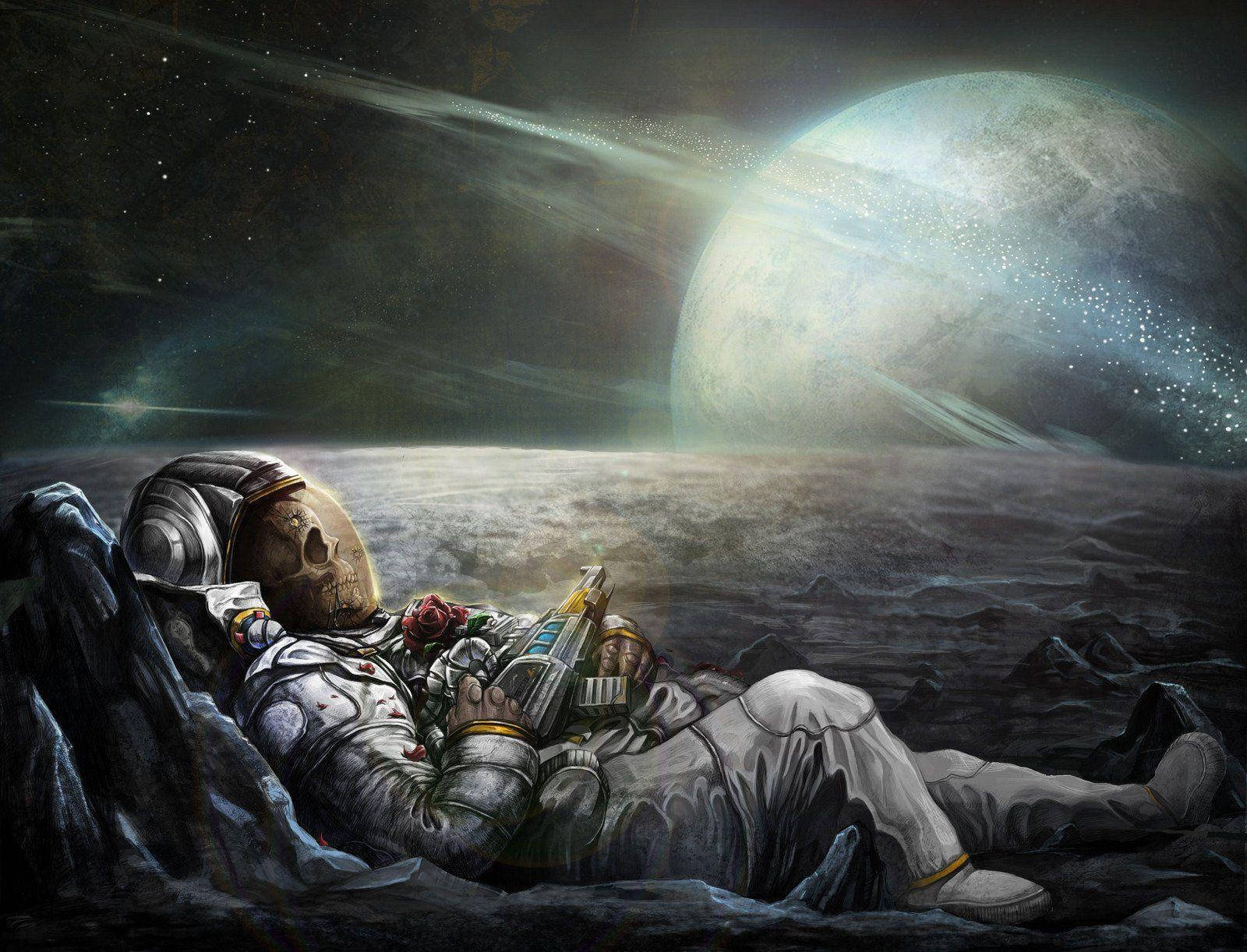 太空人 桌布 壁紙 — 一個骷髏太空人在岩石外星行星上休息，在發光月亮下拿著一朵玫瑰和一個未來裝置。