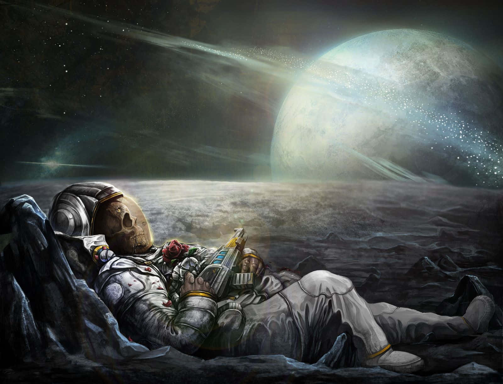 骷髏頭動圖 桌布 壁紙 — 一個骷髏太空人在岩石外星行星上休息，在發光月亮下拿著一朵玫瑰和一個未來裝置。