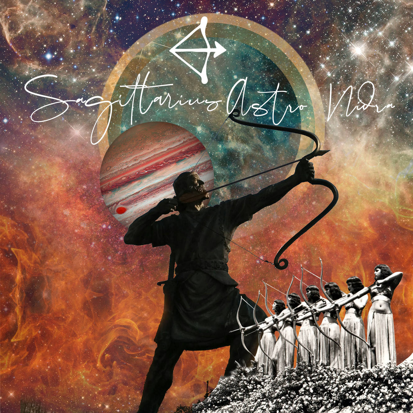 sagittarius 桌布 壁紙 — 一個骷髏弓箭手在木星和星雲的宇宙背景下瞄準弓箭，身後站著一排女弓箭手。