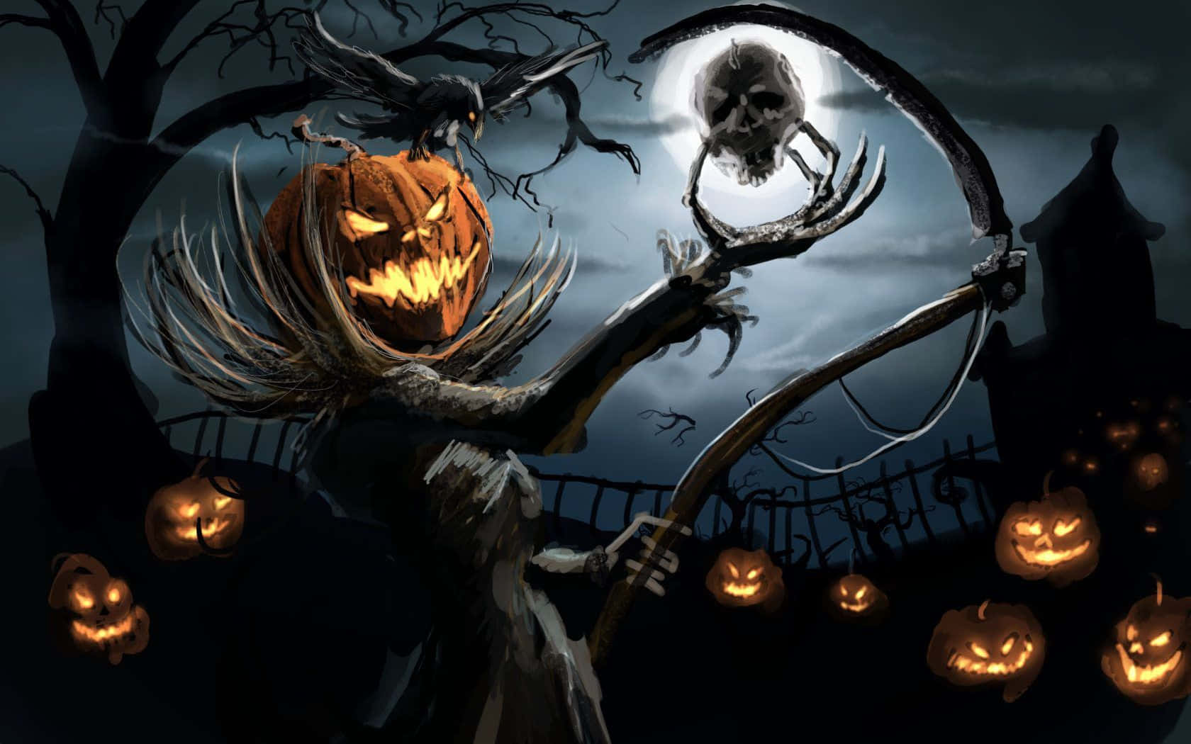 Scary Halloween Desktop 桌布 壁紙 — 一個骷髏形狀、頭部是南瓜燈的角色，在滿月下揮舞著鐮刀，周圍有發光的南瓜和一隻烏鴉。