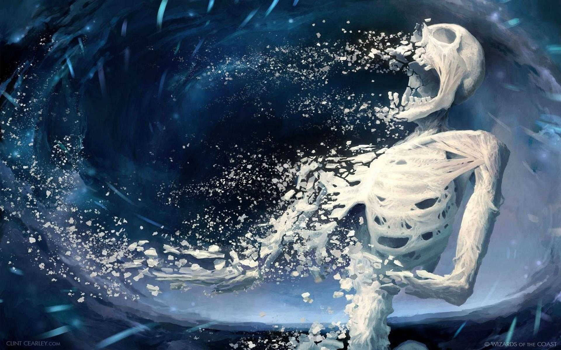 骷髏動圖 桌布 壁紙 — 一個骷髏形狀在深藍色和白色粒子旋轉的宇宙漩渦中溶解成碎片。