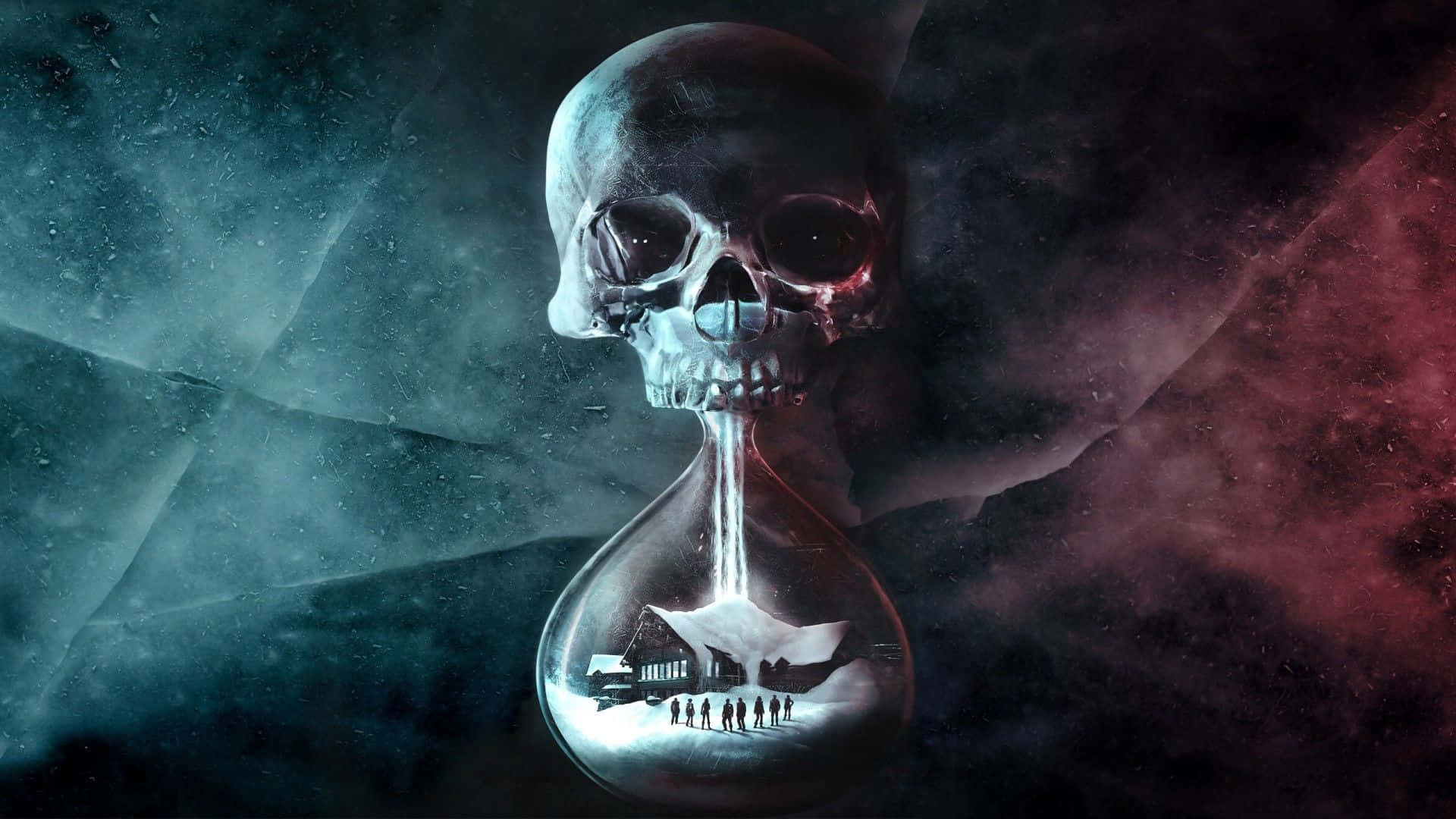 Horror Games 桌布 壁紙 — 一個骷髏形狀的沙漏將沙子滴落在一個白雪覆蓋的村莊場景上，背景是宇宙深紅色和藍綠色的星雲。
