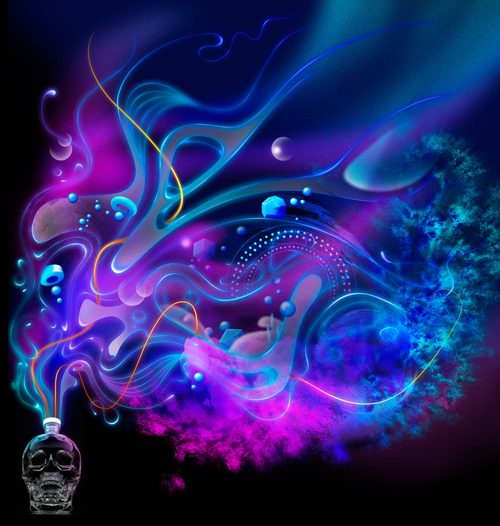 Drink 桌布 壁紙 — 一個骷髏形狀的瓶子在黑暗的宇宙背景下發出藍色、紫色和橙色的發光霓虹漩渦。