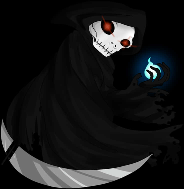 Scythe 桌布 壁紙 — 一個骷髏死神，眼睛發出紅光，戴著手套的手握著藍色火焰，背景為黑色。