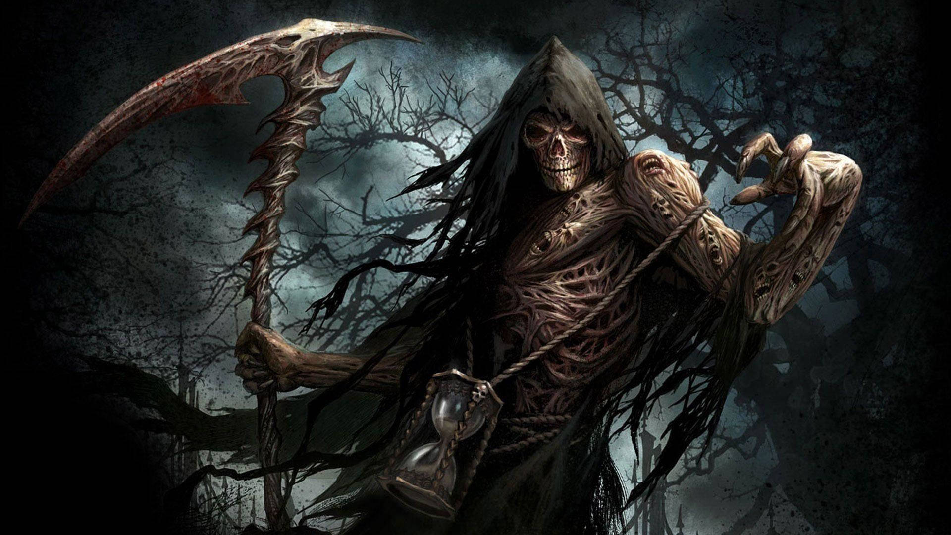 惡魔動圖 桌布 壁紙 — 一個骷髏死神手持扭曲的鐮刀和沙漏，在暴風雨的天空下，威脅地站在扭曲的禿樹之間。
