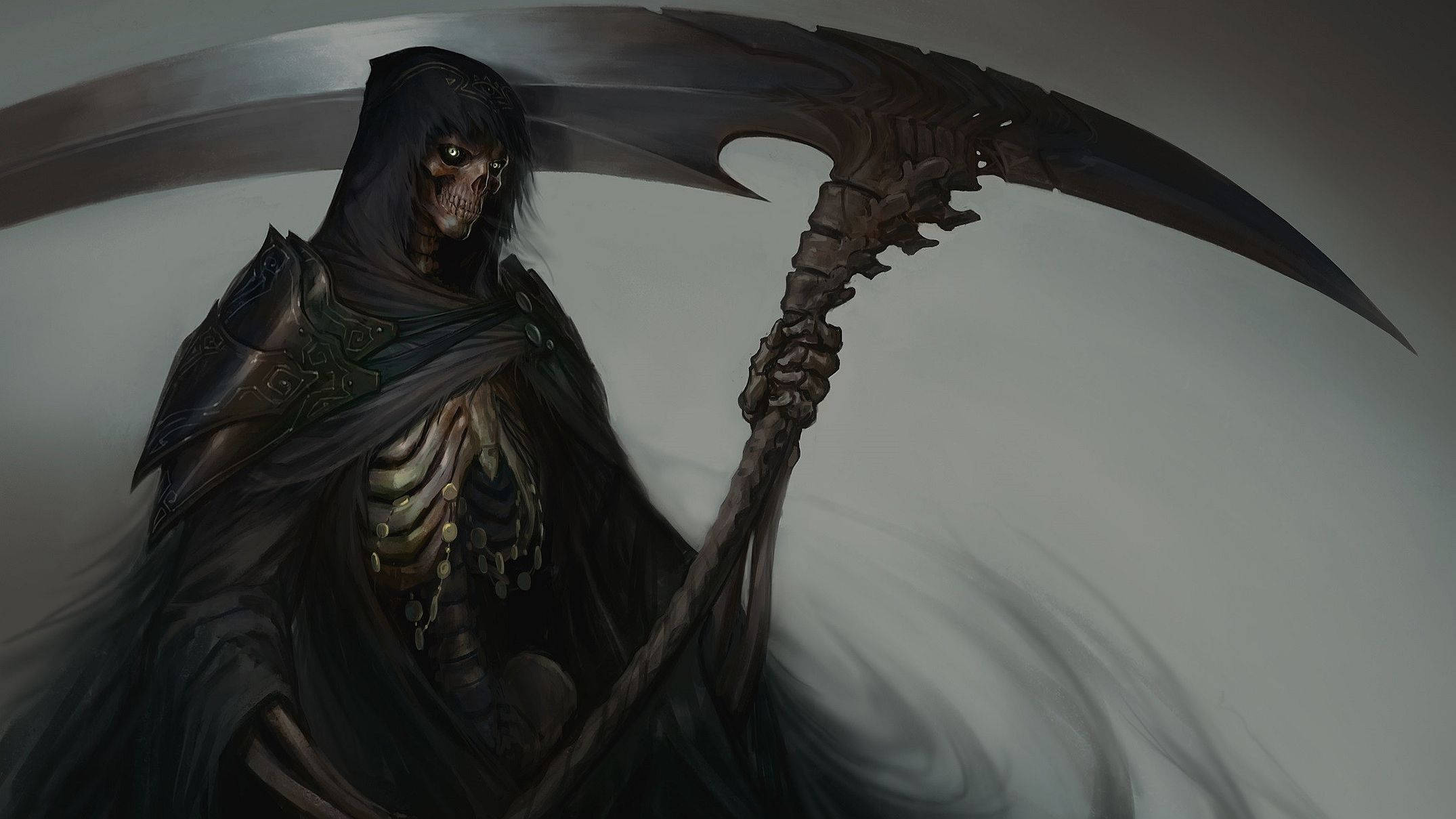 reaper 桌布 壁紙 — 一個骷髏死神穿著深色連帽斗篷，在旋轉的迷霧背景下揮舞著一把巨大的彎曲鐮刀。