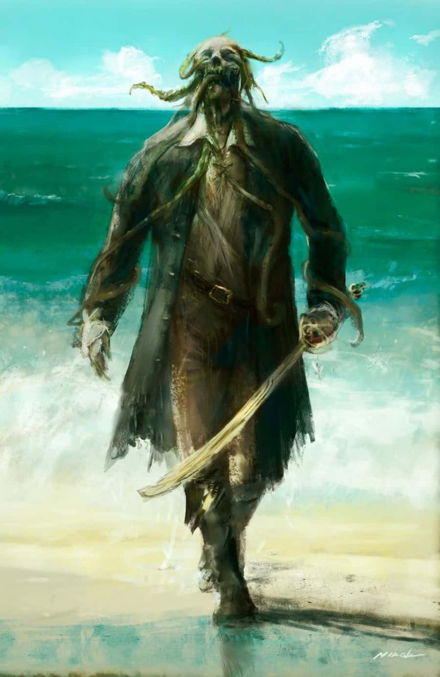 海盜 桌布 壁紙 — 一個骷髏海盜，頭髮像海藻，身穿破爛外套，手持劍在海洋波浪中涉水而行。