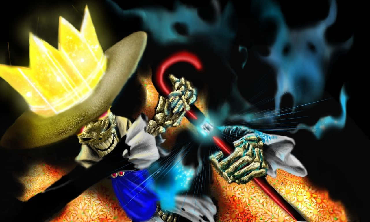 Brook 桌布 壁紙 — 一個骷髏海盜戴著發光的王冠，在黑暗背景中揮舞著紅色劍，周圍環繞著旋轉的藍色火焰。