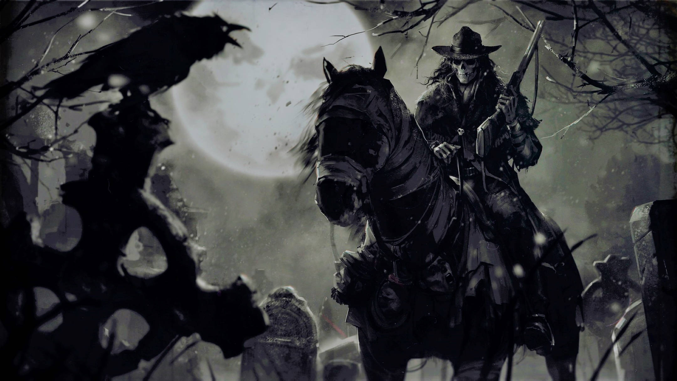Cowboy 桌布 壁紙 — 一個骷髏牛仔騎著黑馬穿過月光下的墓地，一隻烏鴉棲息在墓碑上。