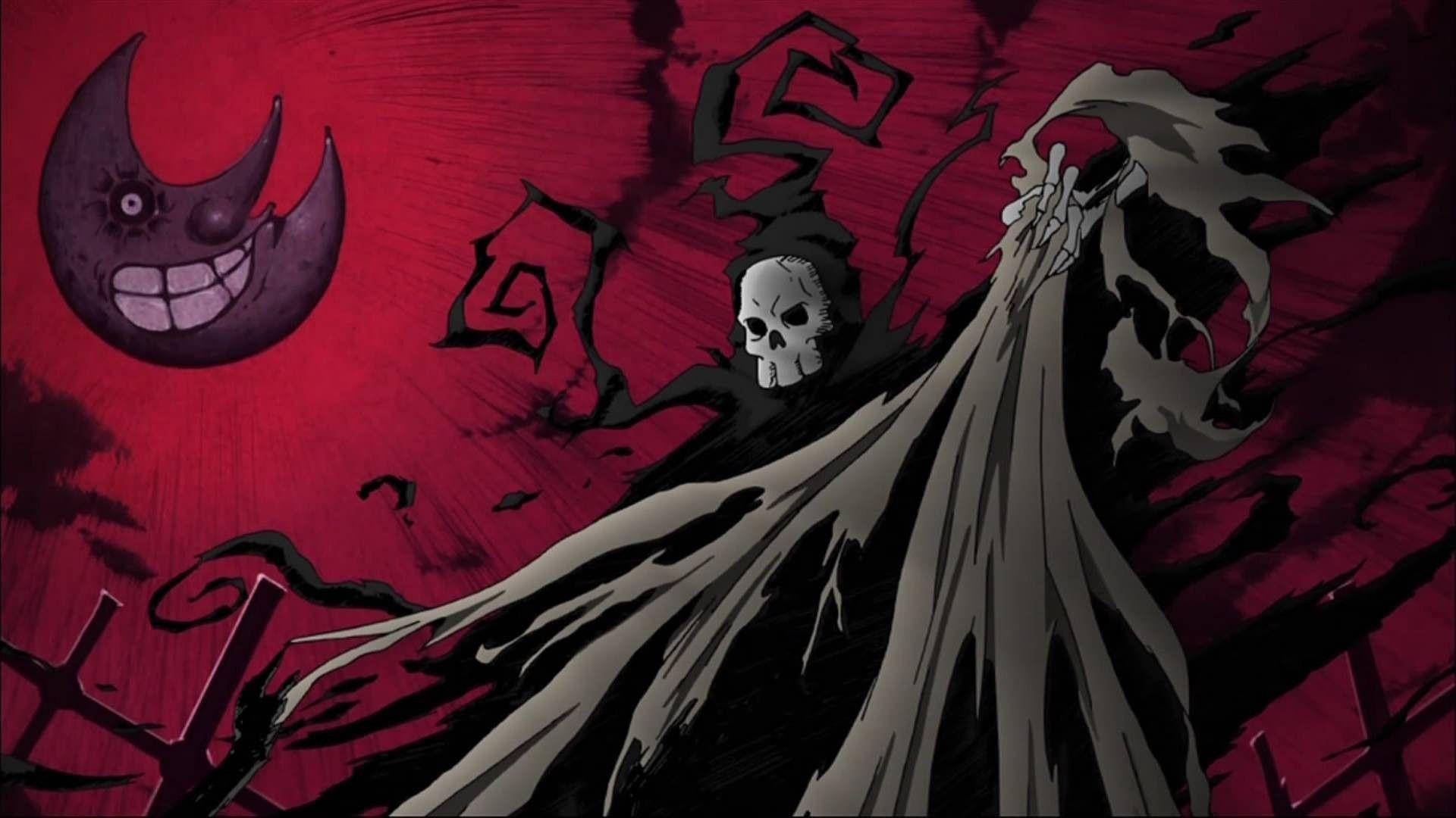 soul eater moon 桌布 壁紙 — 一個骷髏臉、披著飄逸斗篷的死神，站在血紅色的天空下，伴隨著一個咧嘴笑的彎月。