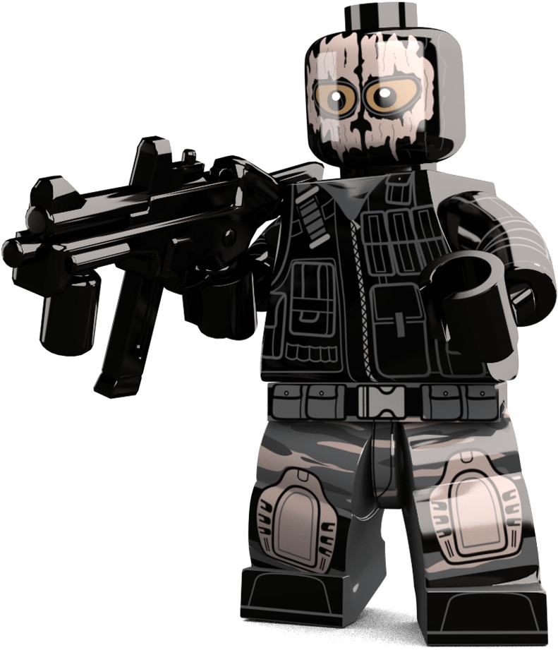 Cod 桌布 壁紙 — 一個骷髏臉、身穿戰術裝備的LEGO人偶，在純黑背景前手持黑色突擊步槍。