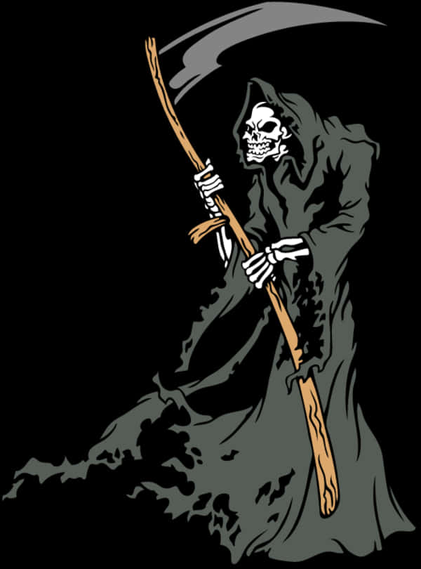 Scythe 桌布 壁紙 — 一個骷髏臉、身穿飄逸黑袍的死神，在黑色背景前手持鐮刀。