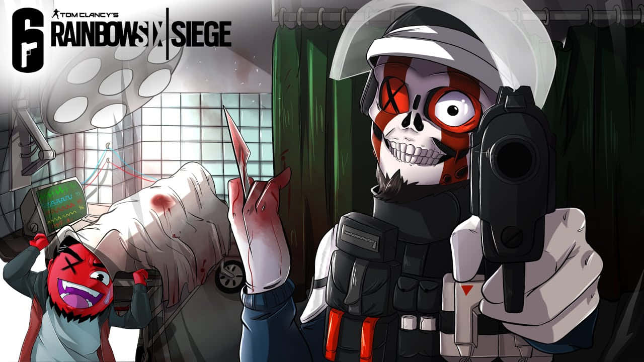 Rainbow Six Siege Doc 桌布 壁紙 — 一個骷髏臉的操作員穿著戰術裝備，手持手槍，而一個紅色卡通角色在醫院房間裡為一個血淋淋的病人加油。