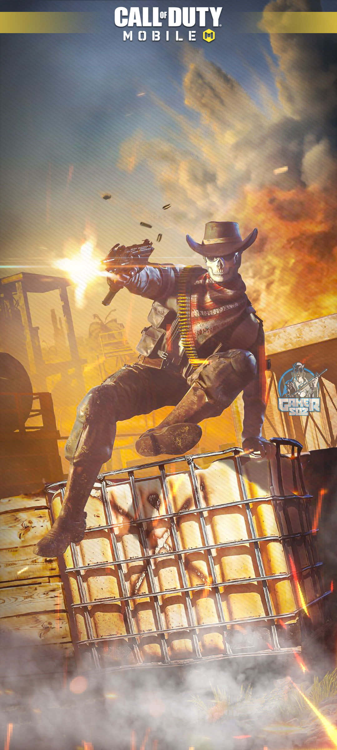 Cod Mobile Character Skins 桌布 壁紙 — 一個骷髏臉的牛仔戴著牛仔帽，在金屬箱頂上，於烈火爆炸和煙霧中開槍。