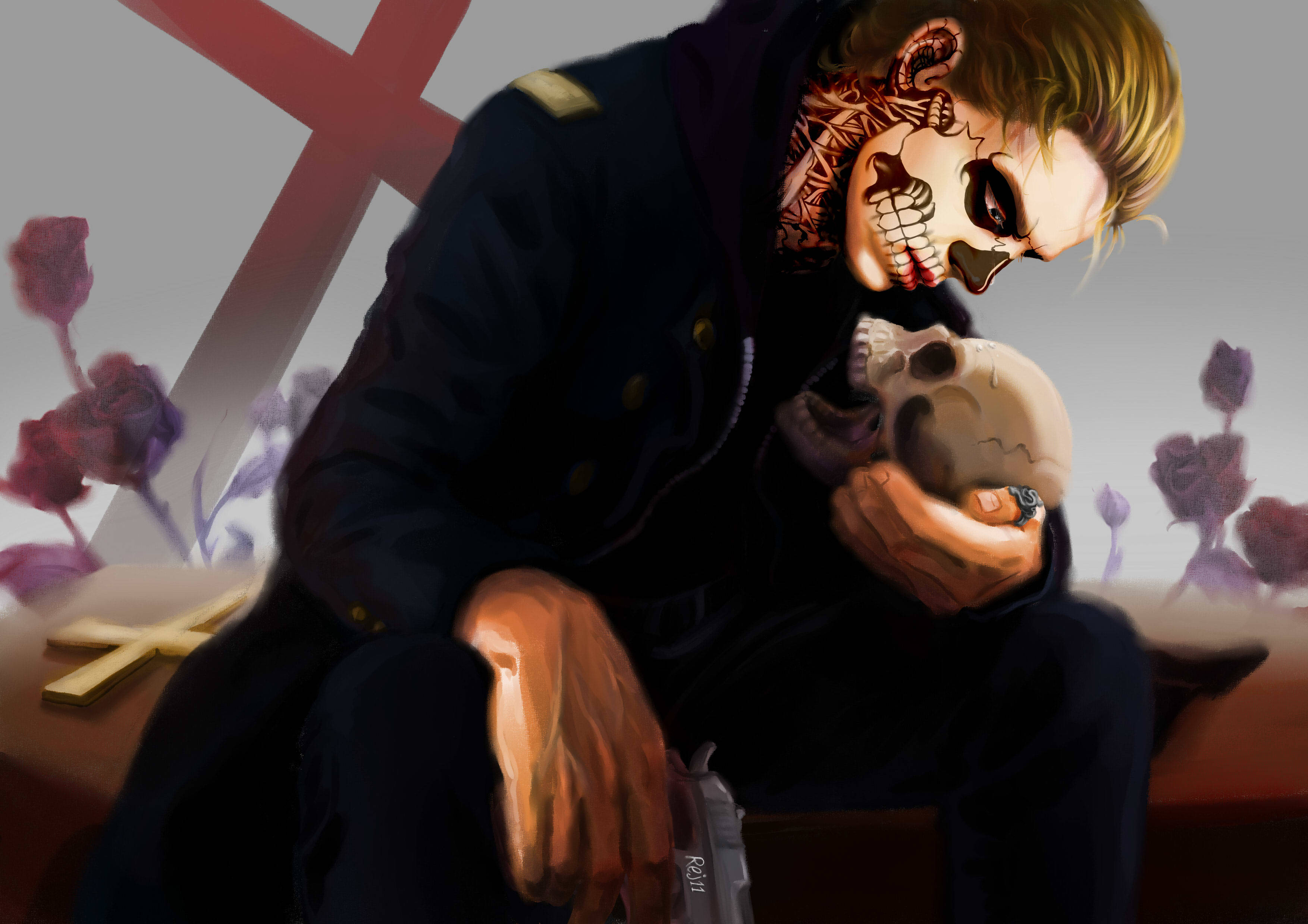 Tate Langdon 桌布 壁紙 — 一個骷髏臉的男人穿著深色外套，坐在十字架和紫色玫瑰旁邊，懷裡抱著一個頭骨。