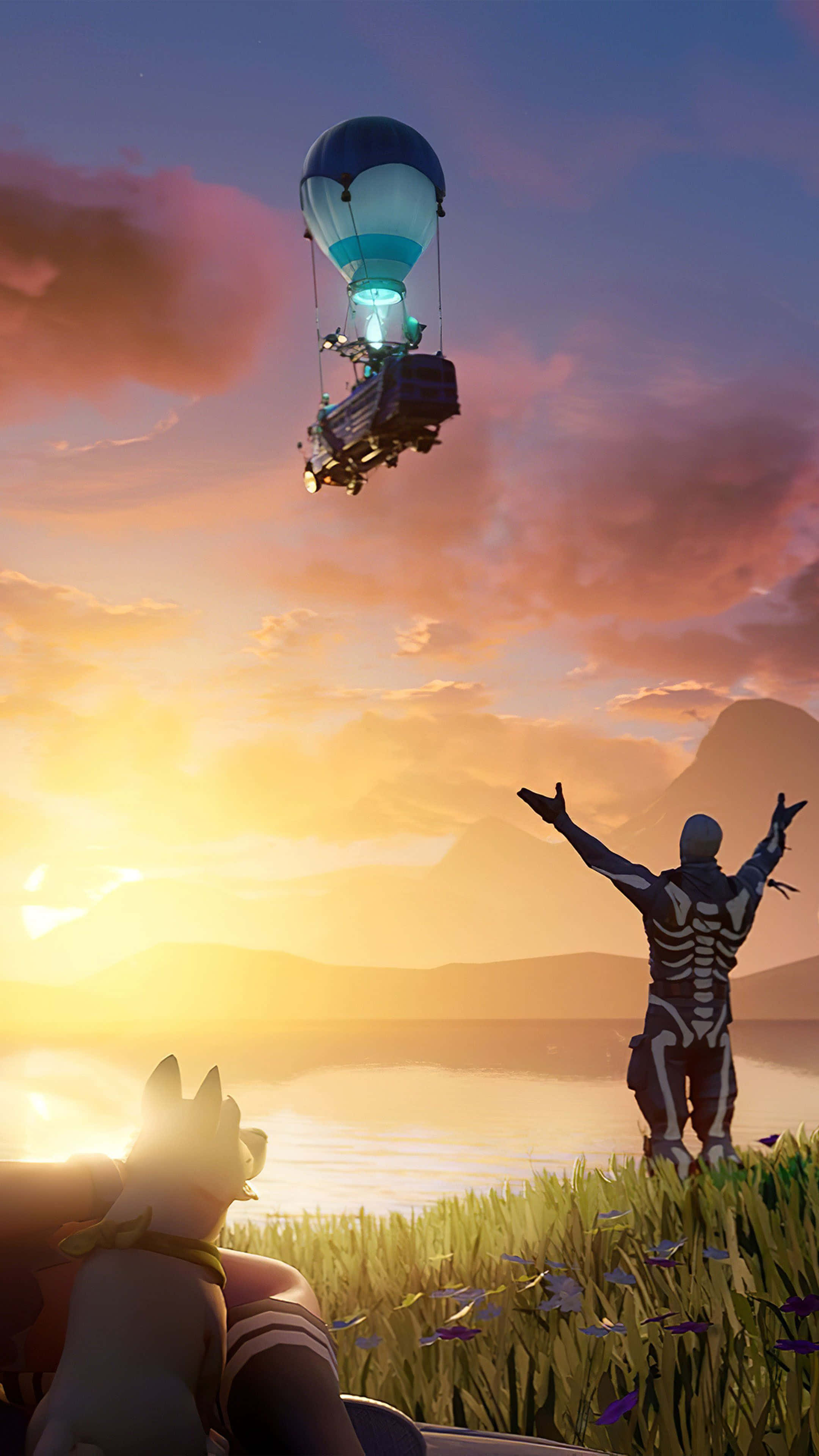 Fortnite Phone 桌布 壁紙 — 一個骷髏角色和一隻狗看著一個發光的熱氣球在日落時分的湖面上飄過，遠處有山脈。