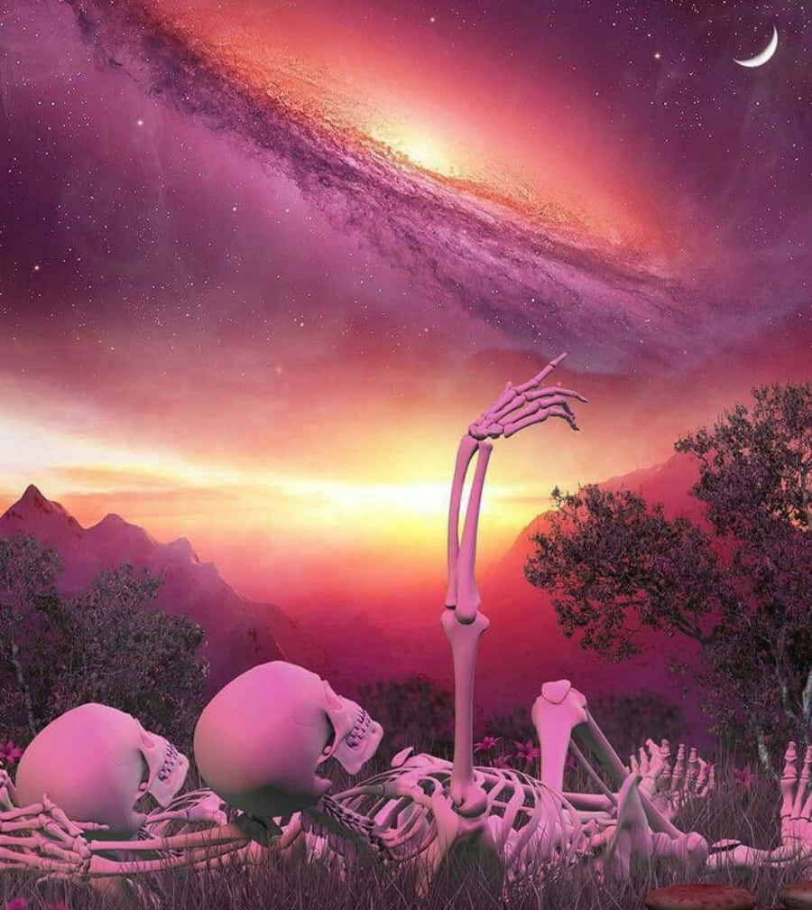 Vibey 桌布 壁紙 — 一個骷髏身影伸向充滿活力的紫色和橙色星系，而一彎新月俯瞰著山區暮色景觀。