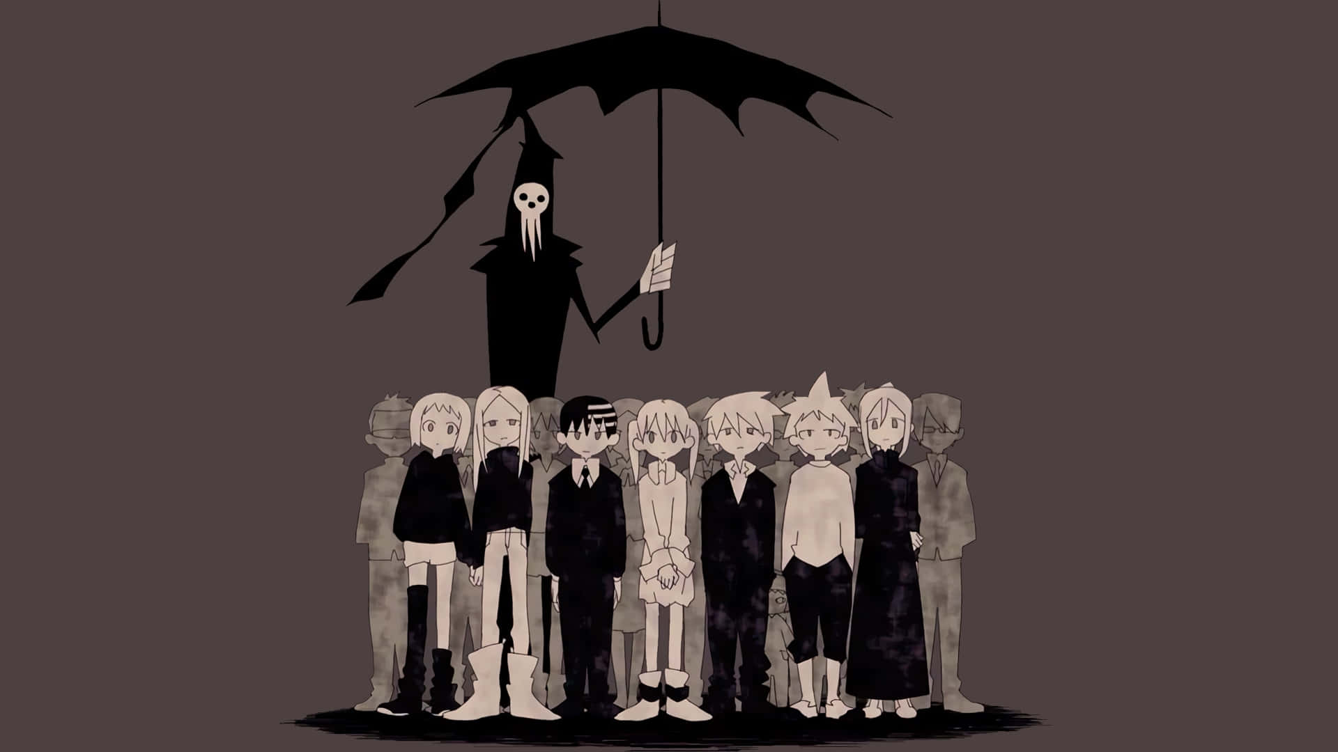 動漫 桌布 壁紙 — 一個骷髏身影撐著黑色雨傘，在單色場景中籠罩著一群動漫風格的孩子。