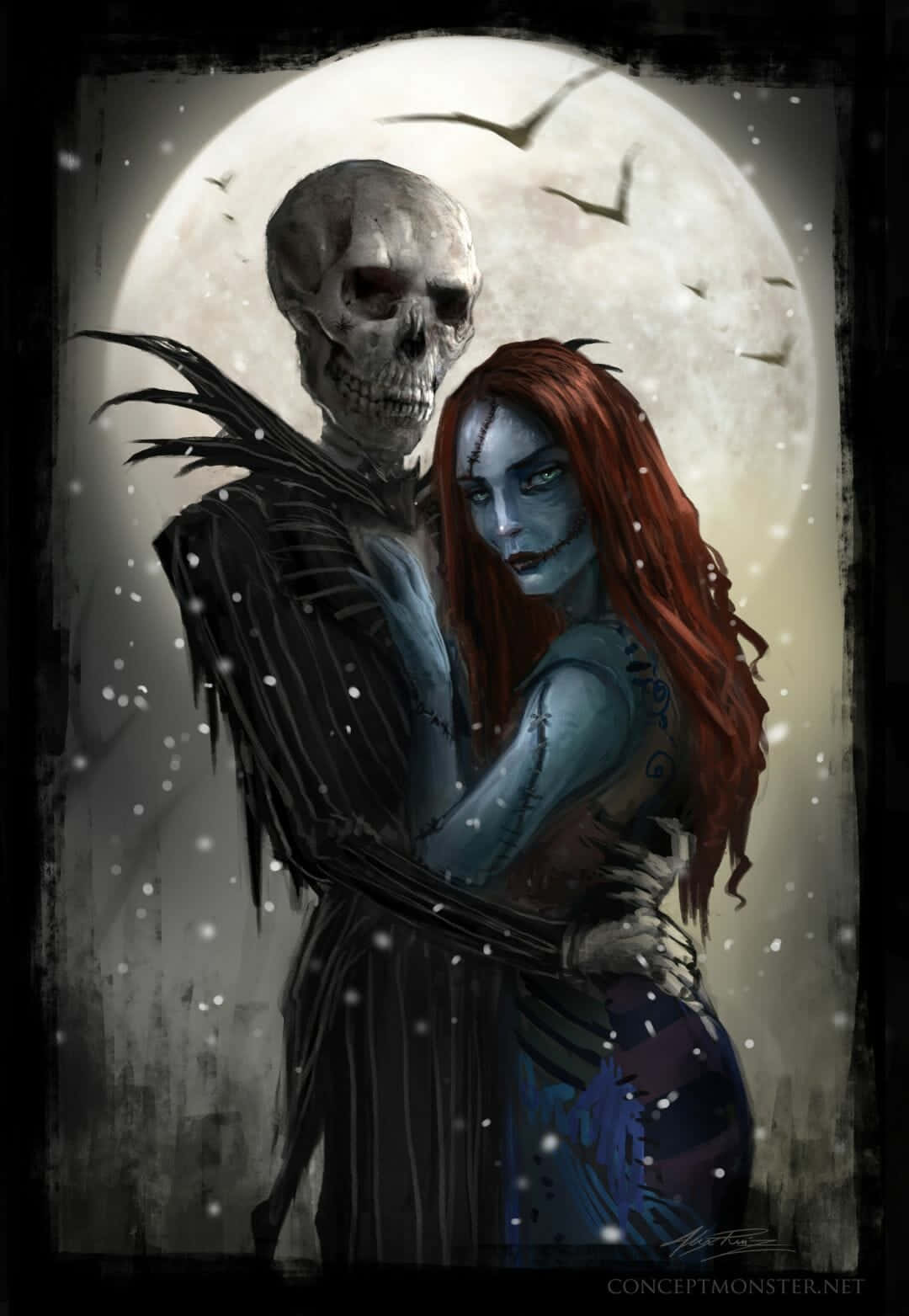 Nightmare Before Christmas Phone 桌布 壁紙 — 一個骷髏身影擁抱一個藍皮膚紅髮的女人，在滿月下蝙蝠飛舞、雪花飄落。
