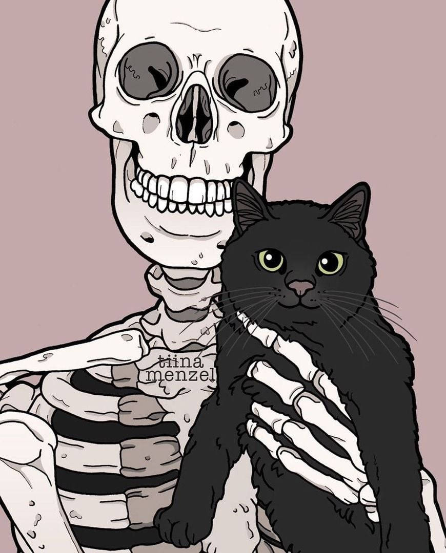 Cute Skeleton 桌布 壁紙 — 一個骷髏輕輕地抱著一隻毛茸茸的黑貓，牠有發光的綠色眼睛，背景是柔和的粉紅色。