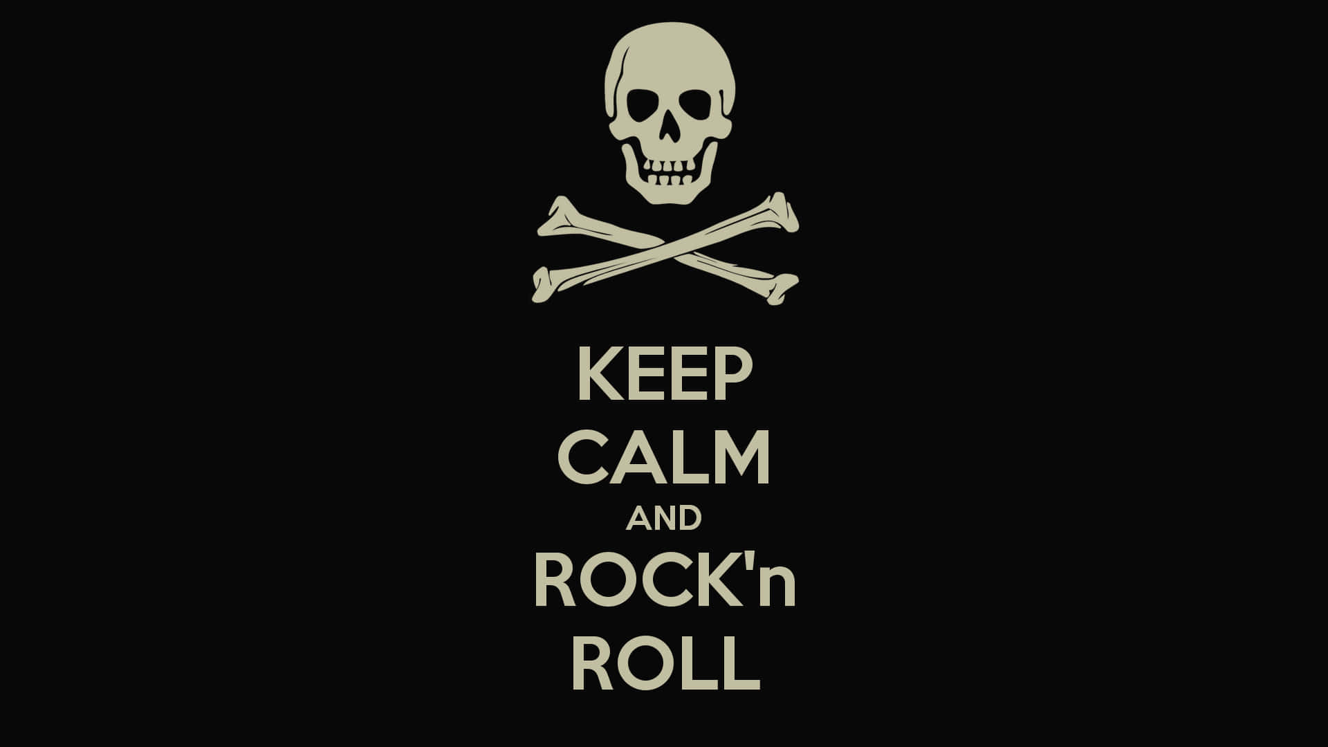 rock n roll 桌布 壁紙 — 一個骷髏頭和交叉骨圖標，黑色背景上以粗體字寫著「KEEP CALM AND ROCK'n ROLL」。