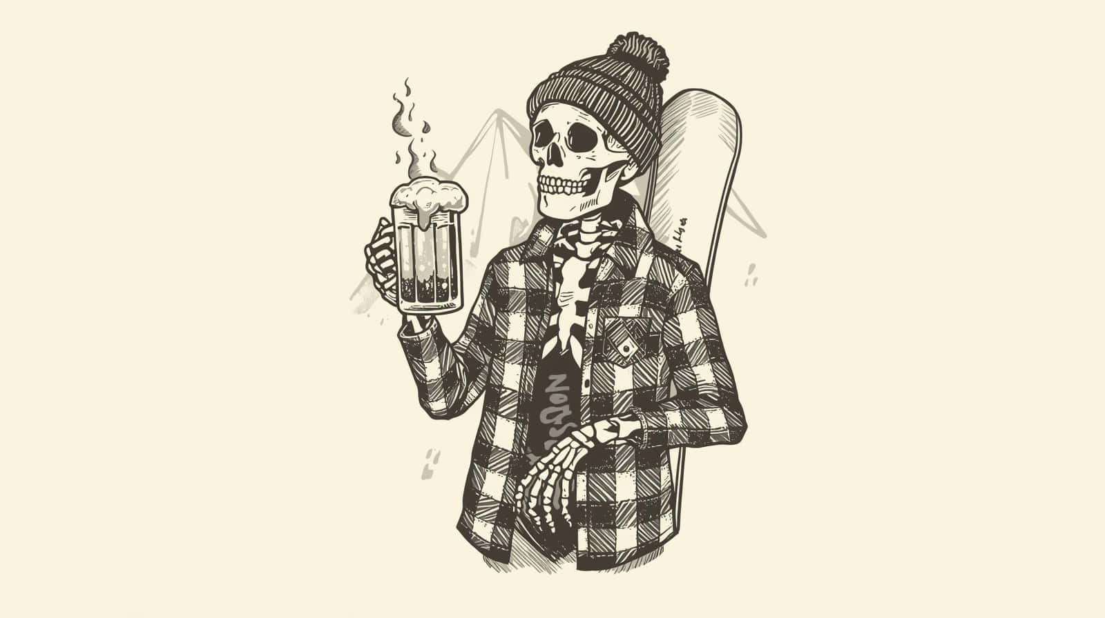 Sketchy Skull Snowboarder in Winter Outfit Wallpaper 壁紙 — 一個骷髏頭戴毛帽、身穿格紋外套，手持冒煙的杯子，靠著滑雪板。