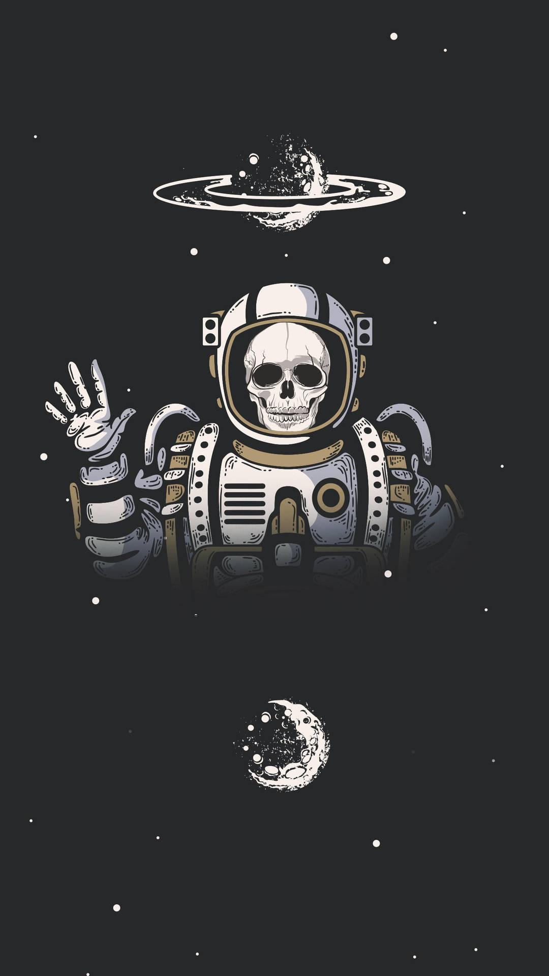 骷髏頭太空人在太空中揮手，有環行星和月亮 — 骷髏動圖 壁紙