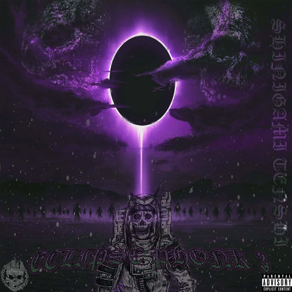 Phonk 桌布 壁紙 — 一個骷髏頭的太空人站在宇宙日食之下，紫色光芒從虛空傾瀉到荒涼的景觀上。