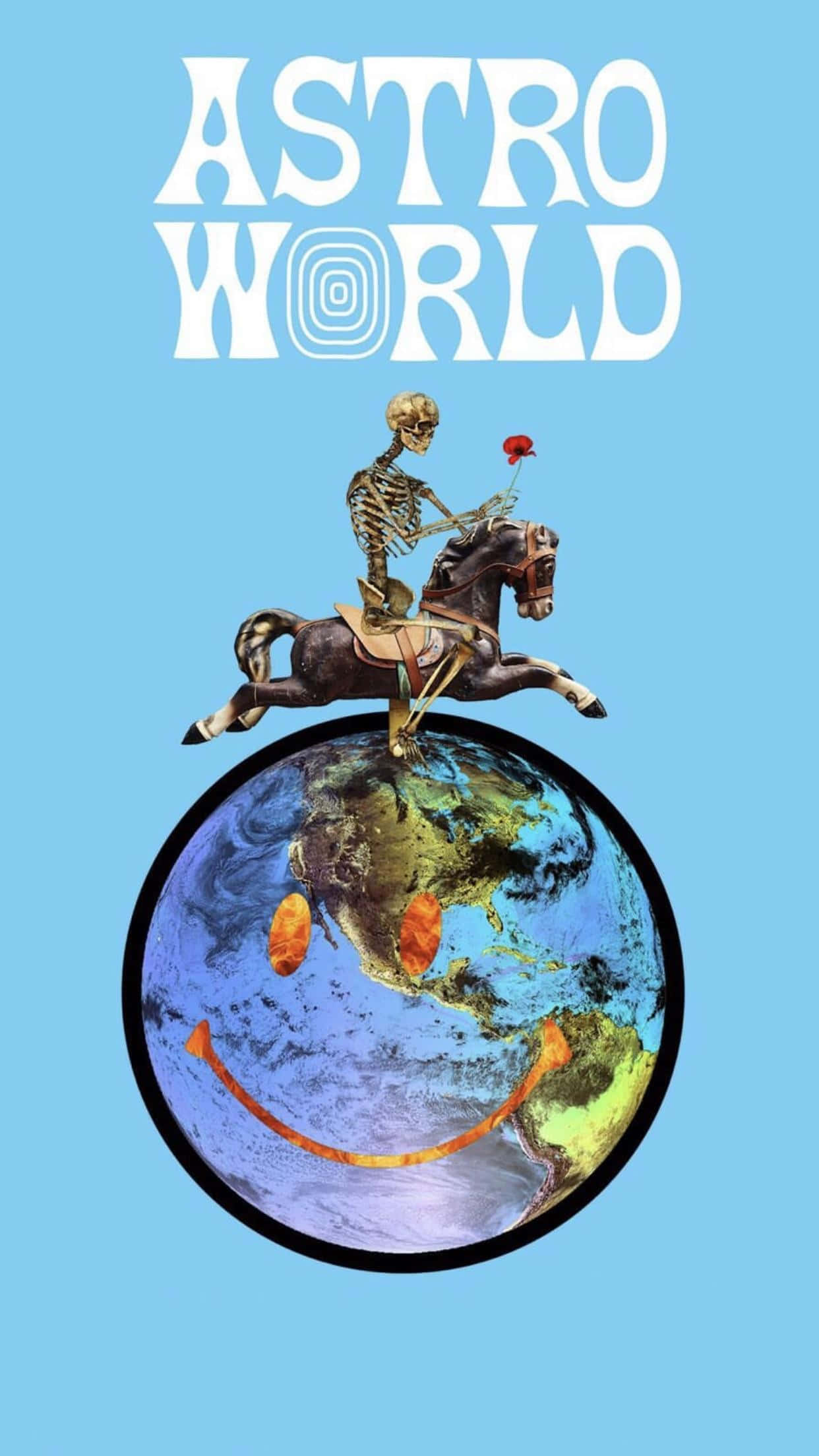 Astroworld 桌布 壁紙 — 一個骷髏騎士騎在馬上，手持一朵紅玫瑰，在微笑的地球上奔馳，背景是淺藍色。