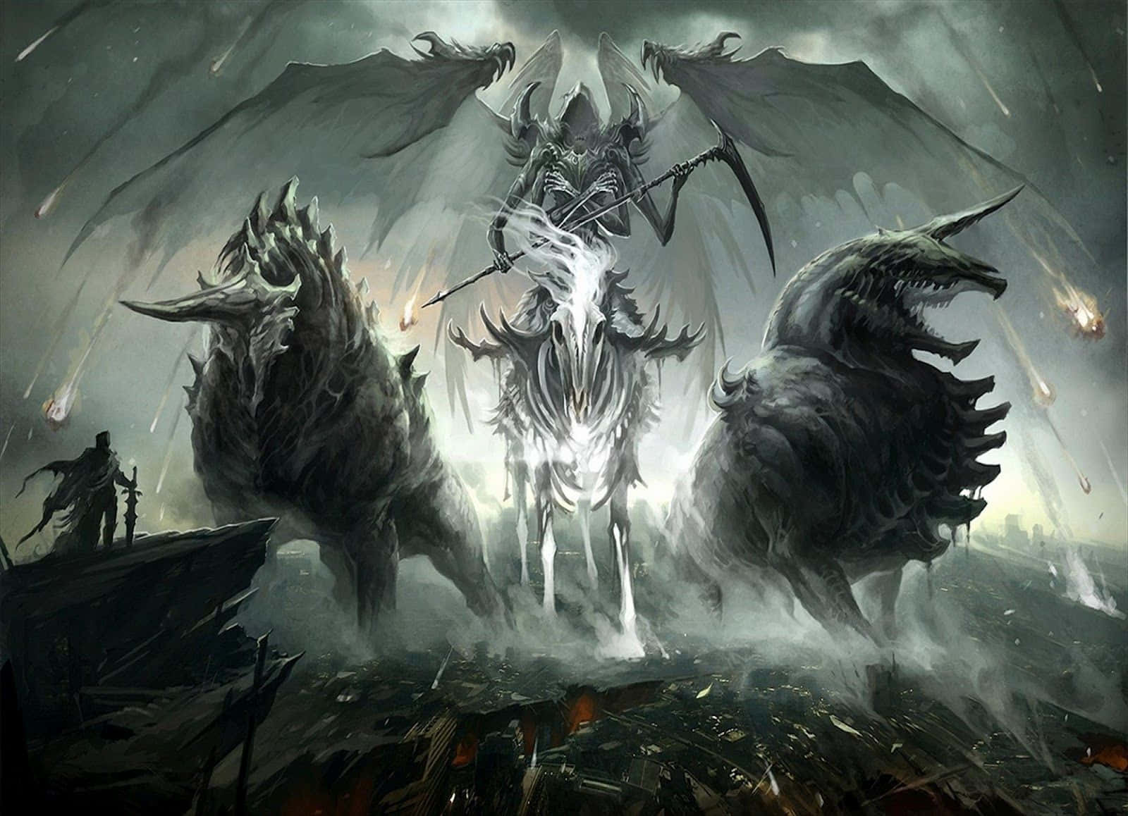 Dark Fantasy 桌布 壁紙 — 一個骷髏騎士騎著發光的骷髏戰馬，帶著三隻兇猛的獵犬，在流星墜落的暴風雨戰場上衝鋒。