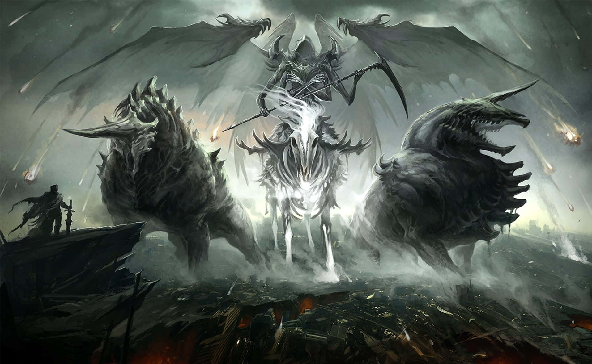 Game Art 桌布 壁紙 — 一個骷髏騎手騎著一匹發光的白馬，長著蝙蝠翅膀，還有兩隻怪獸，在風暴天空下衝過廢墟戰場。