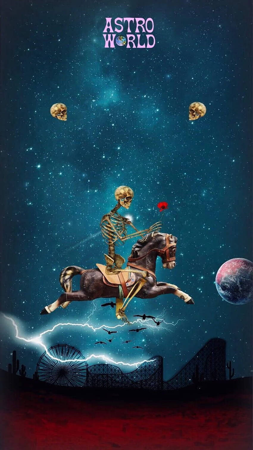 崔維斯·史考特 桌布 壁紙 — 一個骷髏騎手騎著奔騰的馬，在星光燦爛的宇宙天空中翱翔，下方是被閃電擊中的遊樂園。
