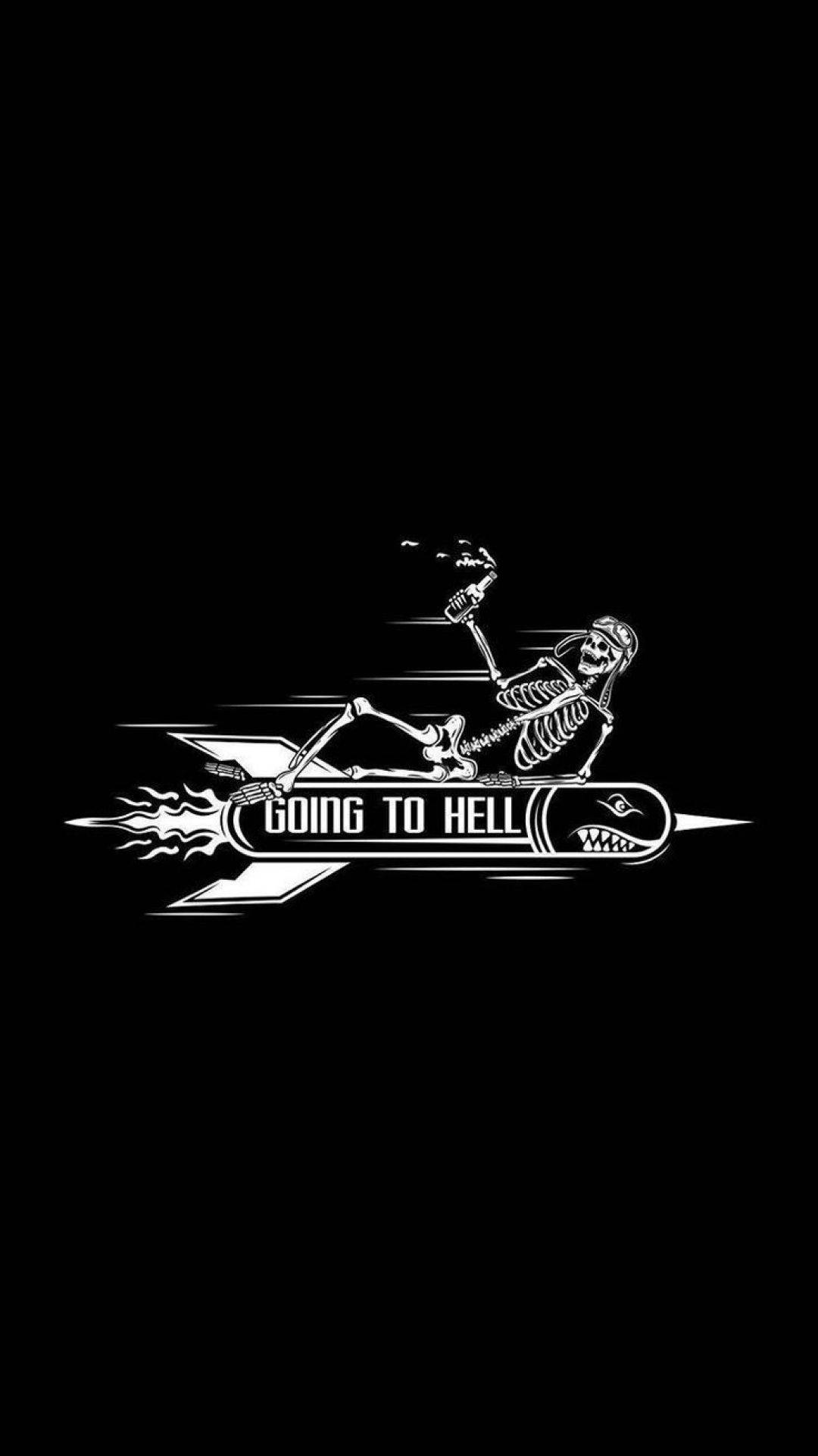 萬聖節 iPhone 桌布 壁紙 — 一個骷髏騎著一枚標有「going to hell」的火箭，火焰拖尾，背景為黑色。