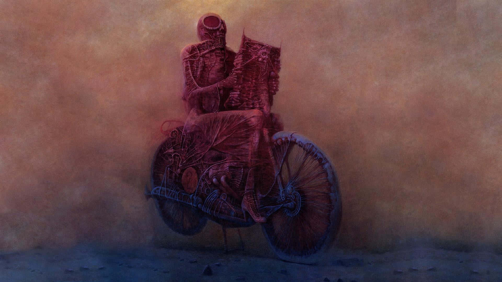 Realism 桌布 壁紙 — 一個骷髏騎著一輛復古機車，在溫暖發光的天空下穿過朦朧的沙漠。