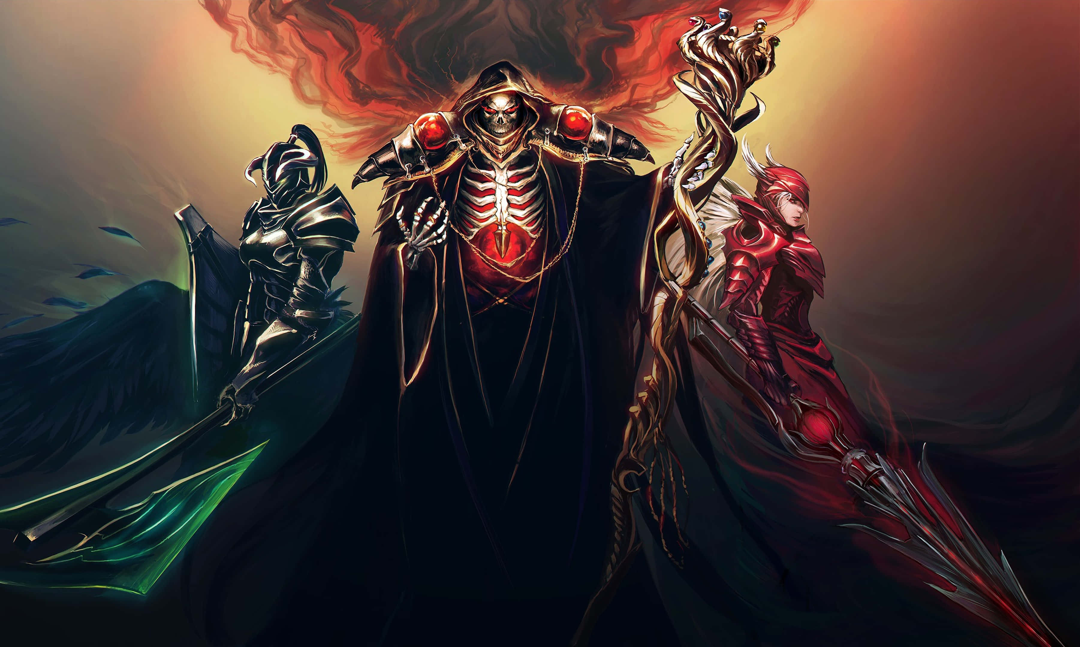 Overlord 桌布 壁紙 — 一個骷髏黑暗領主，擁有發光的紅色眼睛和飄逸的黑色斗篷，兩側是兩名身穿鎧甲的戰士，手持發光武器，背景是火熱的。