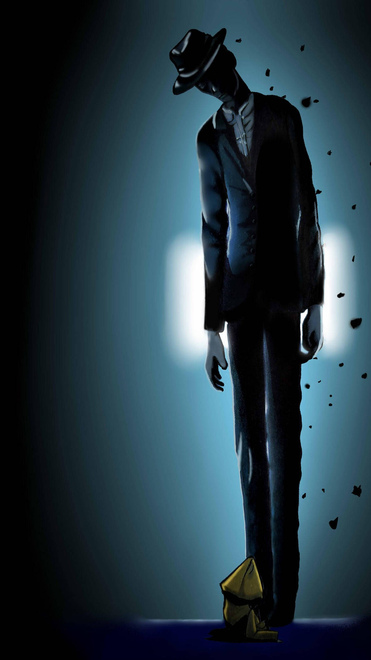 Nightmares 桌布 壁紙 — 一個高大、身穿深色西裝、戴著紳士帽的人物站在藍色背景前，其形態上有碎片剝落。