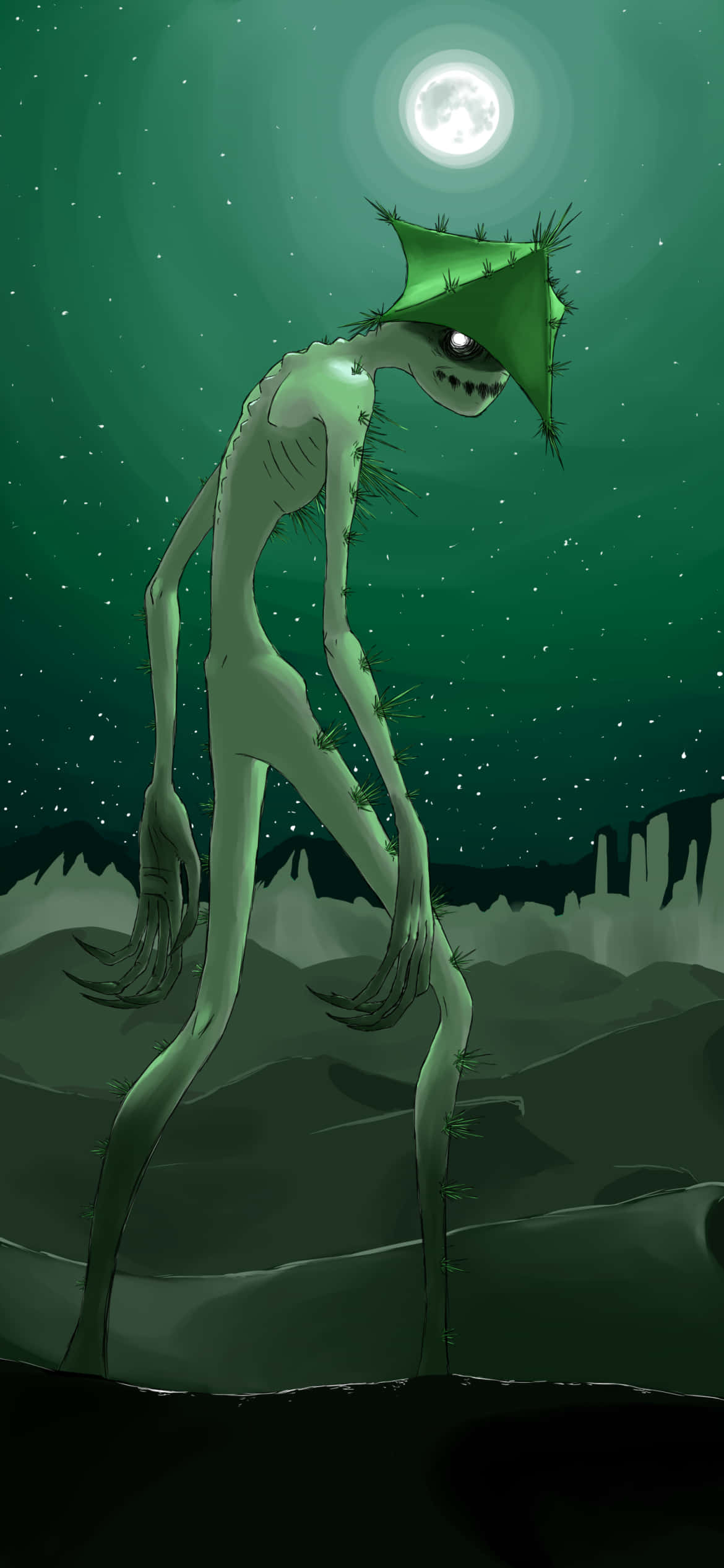 恐怖動圖 桌布 壁紙 — 一個高大瘦長的生物，戴著綠色尖刺帽子，有一隻發光的眼睛，站在滿月下，背景是繁星點點的綠色夜空。