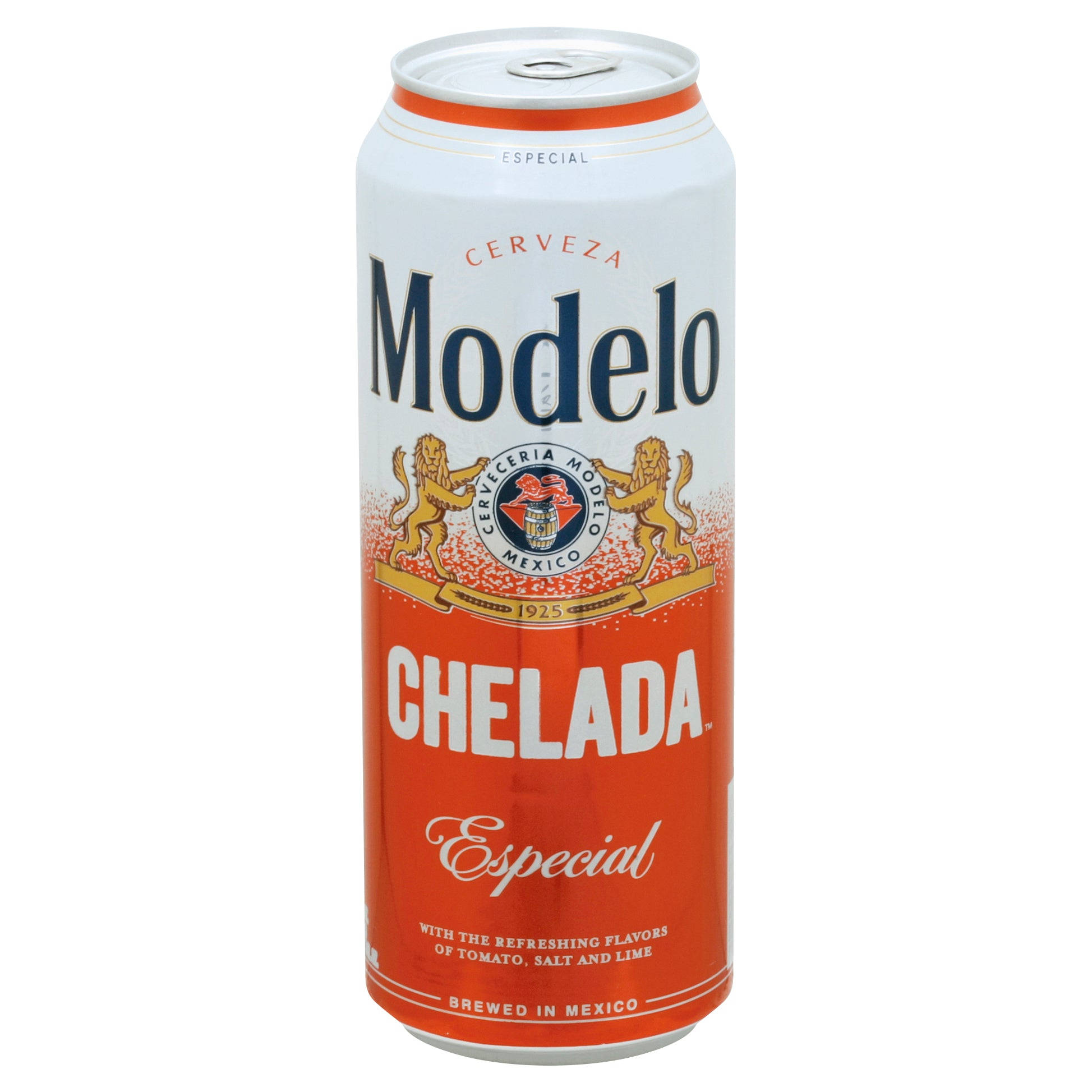 cocktail 桌布 壁紙 — 一個高大的Modelo Chelada啤酒罐，帶有紅色和白色的品牌標識，上面有獅子和文字，背景為純白色。