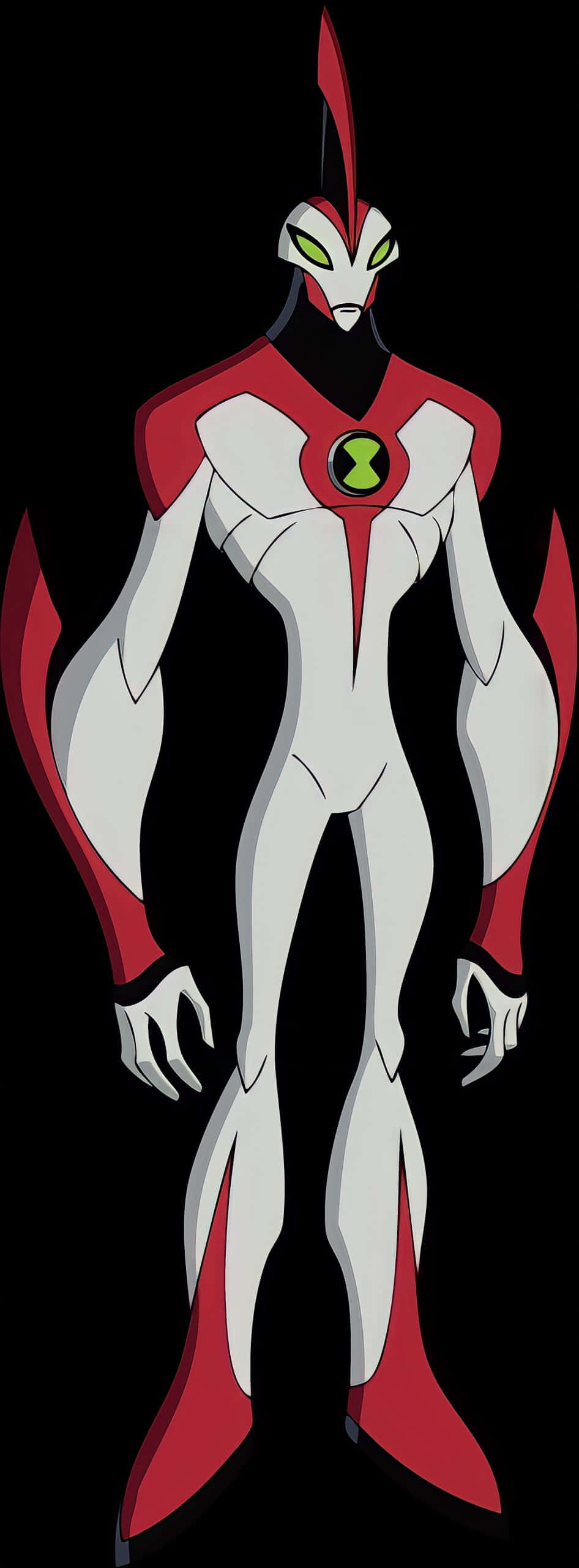Ben 10 桌布 壁紙 — 一個高大的人形外星人，身穿白色和紅色盔甲，發光的綠色眼睛，黑色背景。