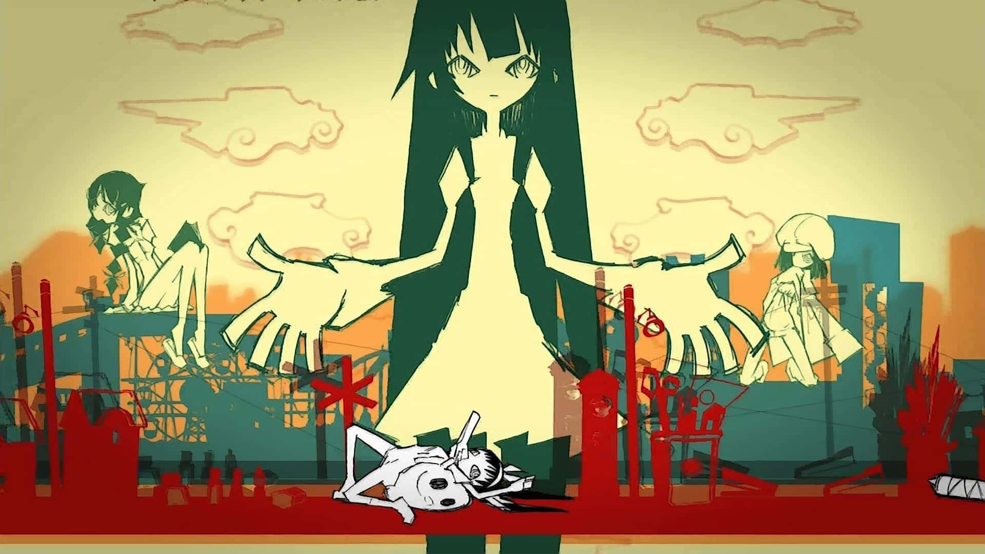 物語 桌布 壁紙 — 一個高大的動漫女孩，長長的黑髮，站在一個倒下的角色之上，背景是風格化的城市景觀，帶有紅色和橙色色調。