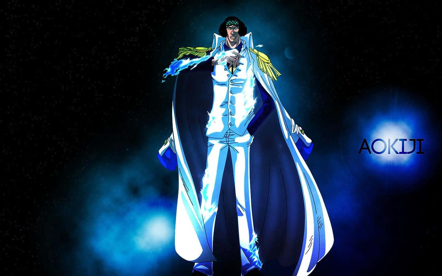 Aokiji 桌布 壁紙 — 一個高大的動漫角色穿著發光的白色外套，站在星空宇宙背景前，帶有藍色能量效果。