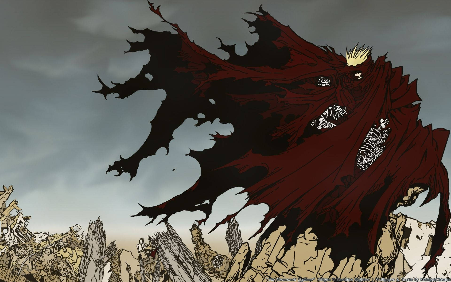 Trigun 桌布 壁紙 — 一個高大的動畫惡魔，披著飄逸的紅色斗篷和金色王冠，在暴風雨的天空下籠罩著破碎的戰場。
