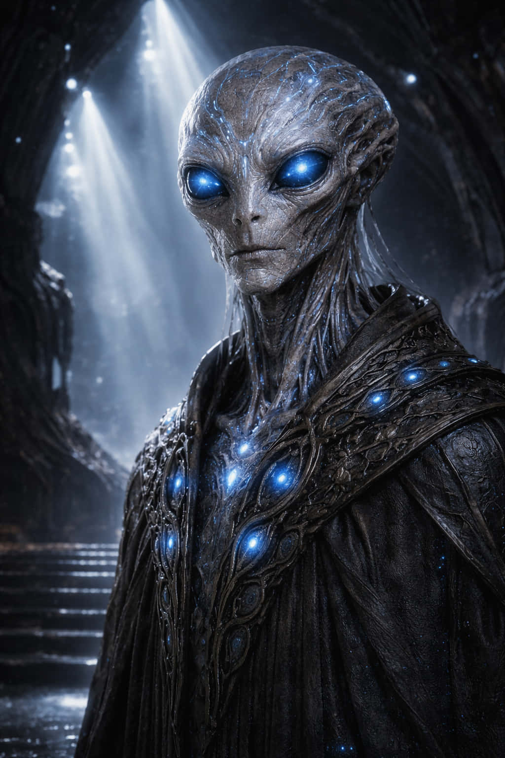 Alien Stage 桌布 壁紙 — 一個高大的外星人，擁有發光的藍色眼睛和深色長袍上複雜的發光藍色圖案，站在一個被光束照亮的洞穴般空間中。
