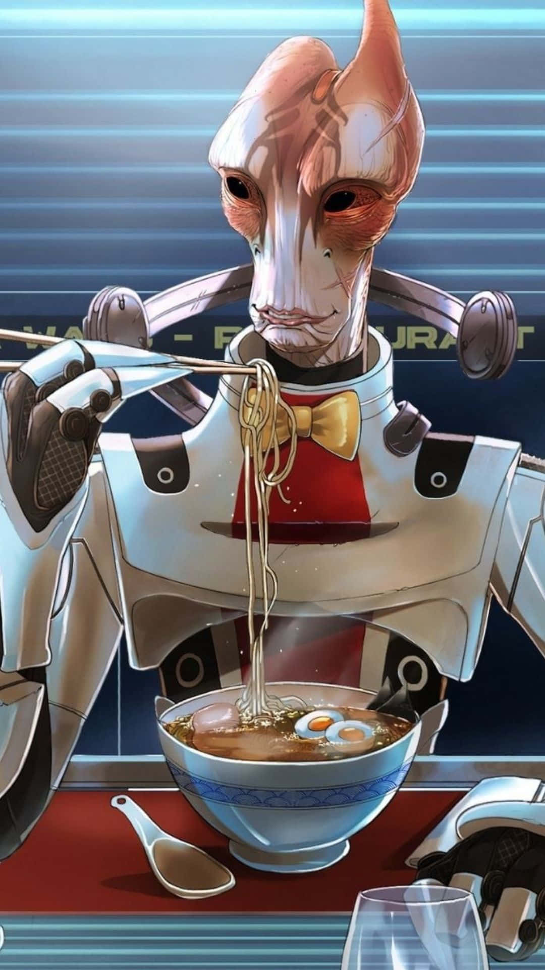 Mordin Solus 桌布 壁紙 — 一個高大的外星人穿著白色裝甲服，戴著黃色領結，在餐廳桌上用筷子吃熱騰騰的拉麵。