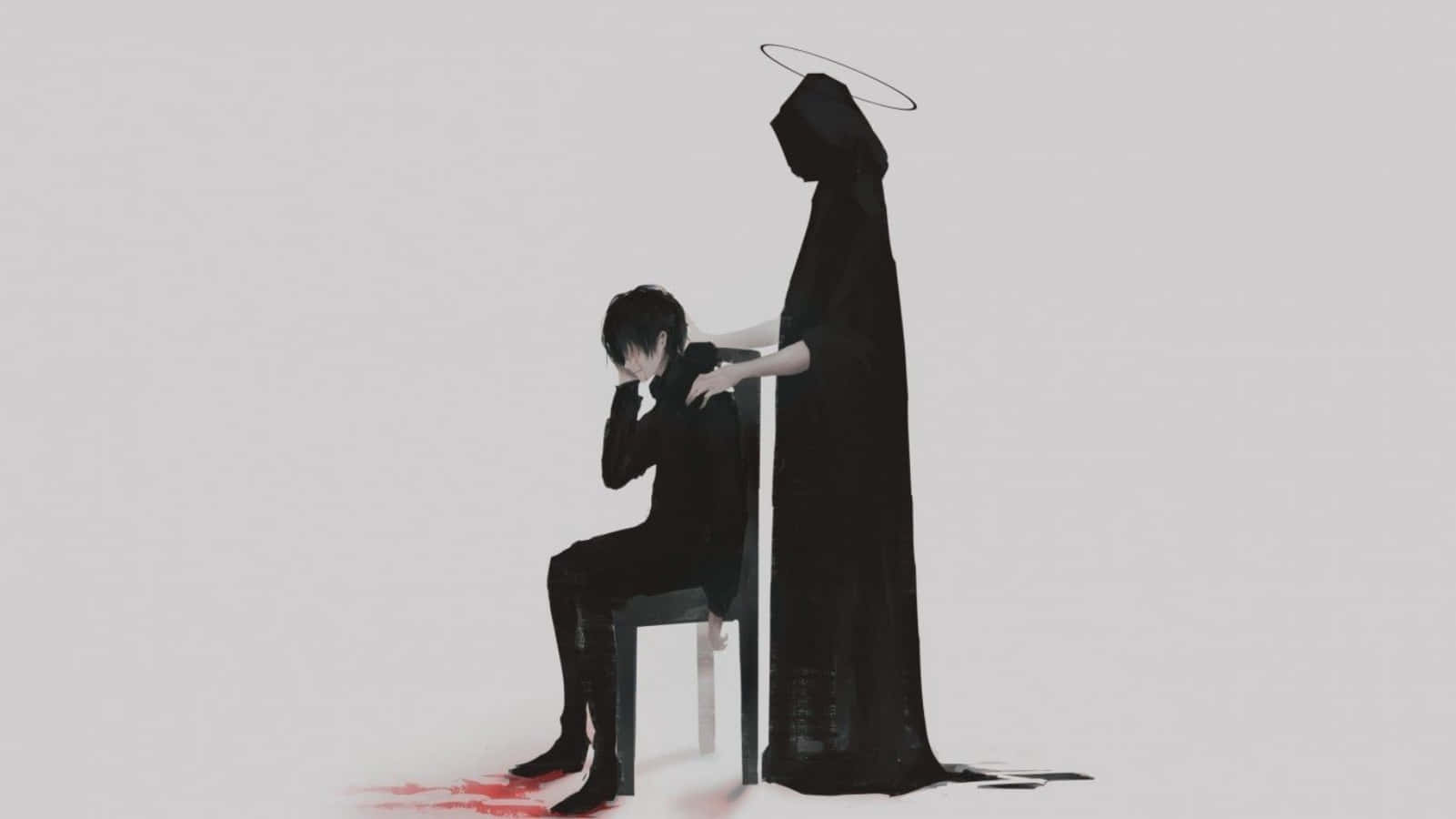 Sad Aesthetic Anime 桌布 壁紙 — 一個高大的戴兜帽人物，帶有光環，輕輕觸摸一個坐著的男孩的肩膀，血液在他的腳下匯集，背景是純白色。