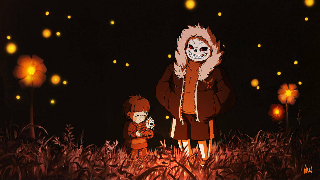 Grave 桌布 壁紙 — 一個高大的戴面具人物和一個小孩一起站在黑暗的田野中，周圍有發光的螢火蟲和溫暖的燈籠。