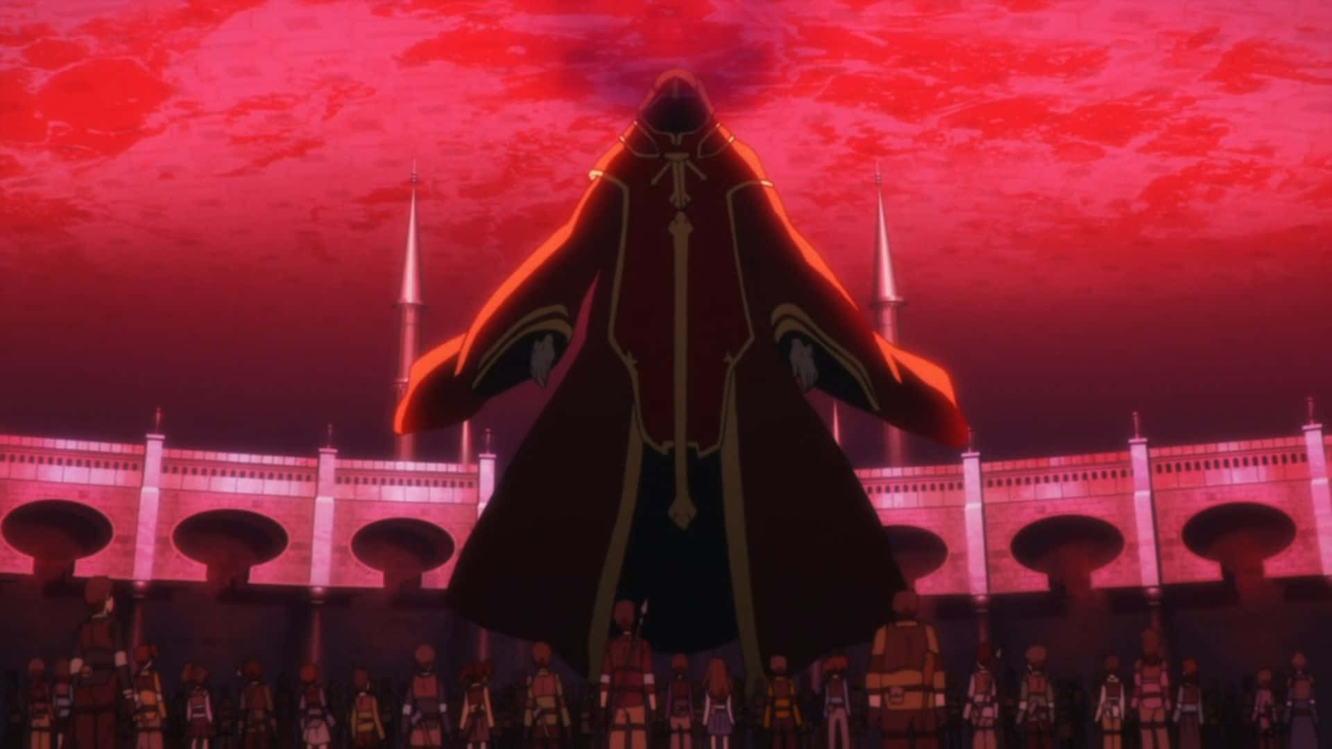 Sword Art Online Heathcliff 桌布 壁紙 — 一個高大的披風人物站在宏偉堡壘前，天空血紅，下方士兵列陣。