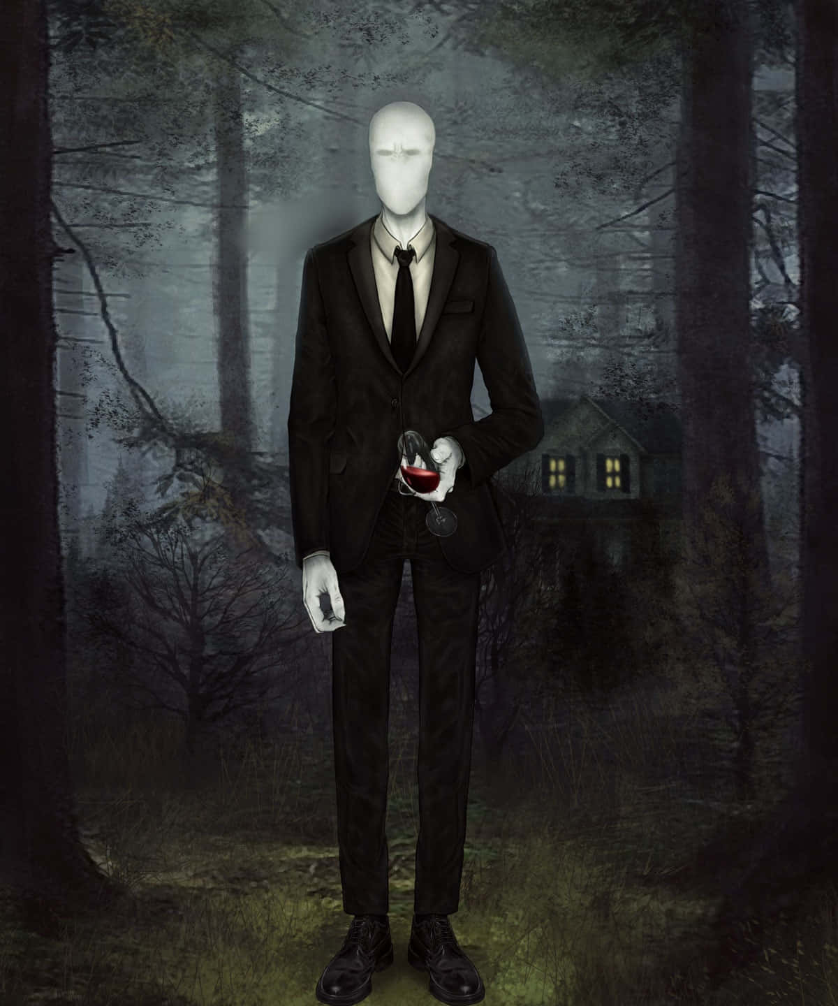 Creepypasta 桌布 壁紙 — 一個高大的無臉男子身穿黑色西裝，在迷霧森林中手持酒杯，身後有一座發光的鬼屋。