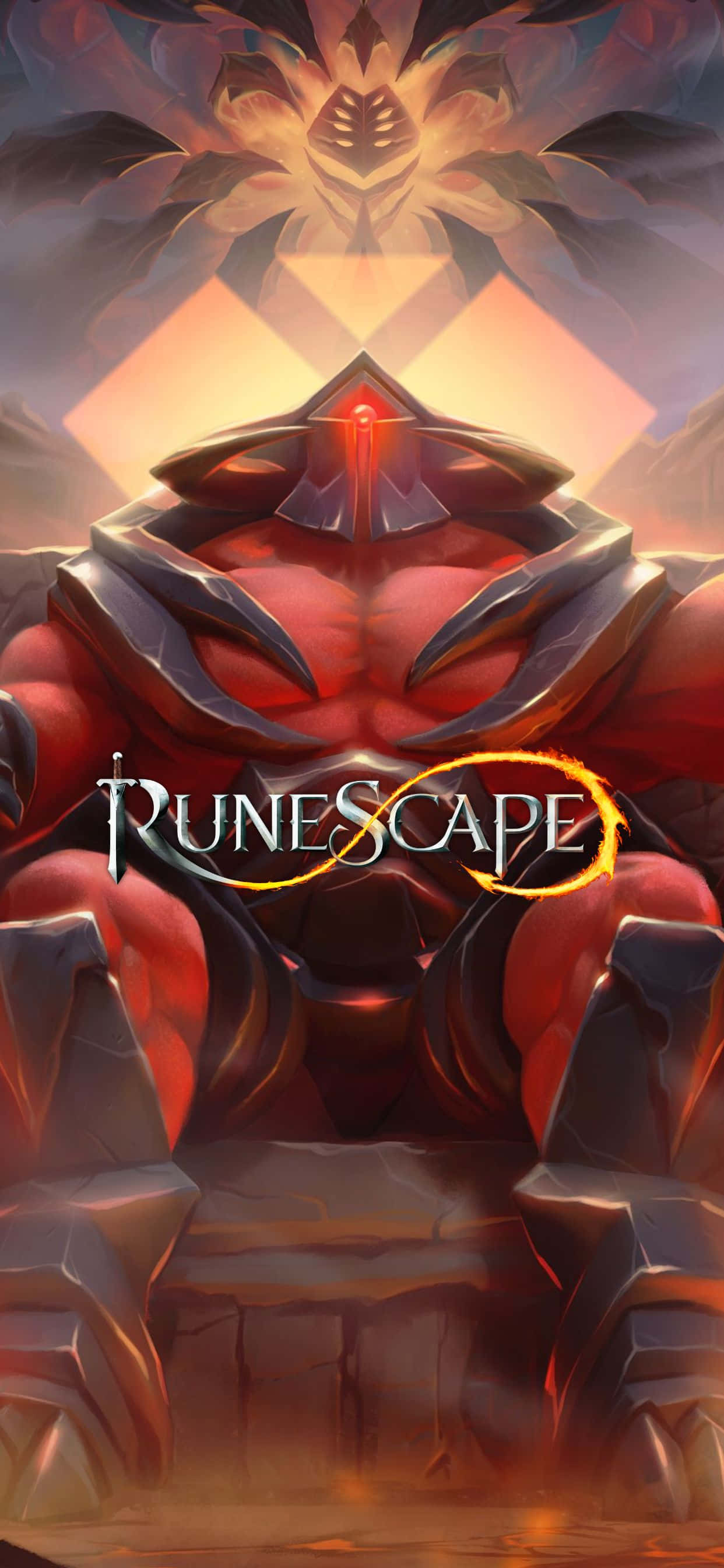 iPhone Xs Max Runescape 桌布 壁紙 — 一個高大的紅色裝甲戰士，眼睛發光，坐在一個放射狀幾何天空下的王座上，處於奇幻遊戲場景中。