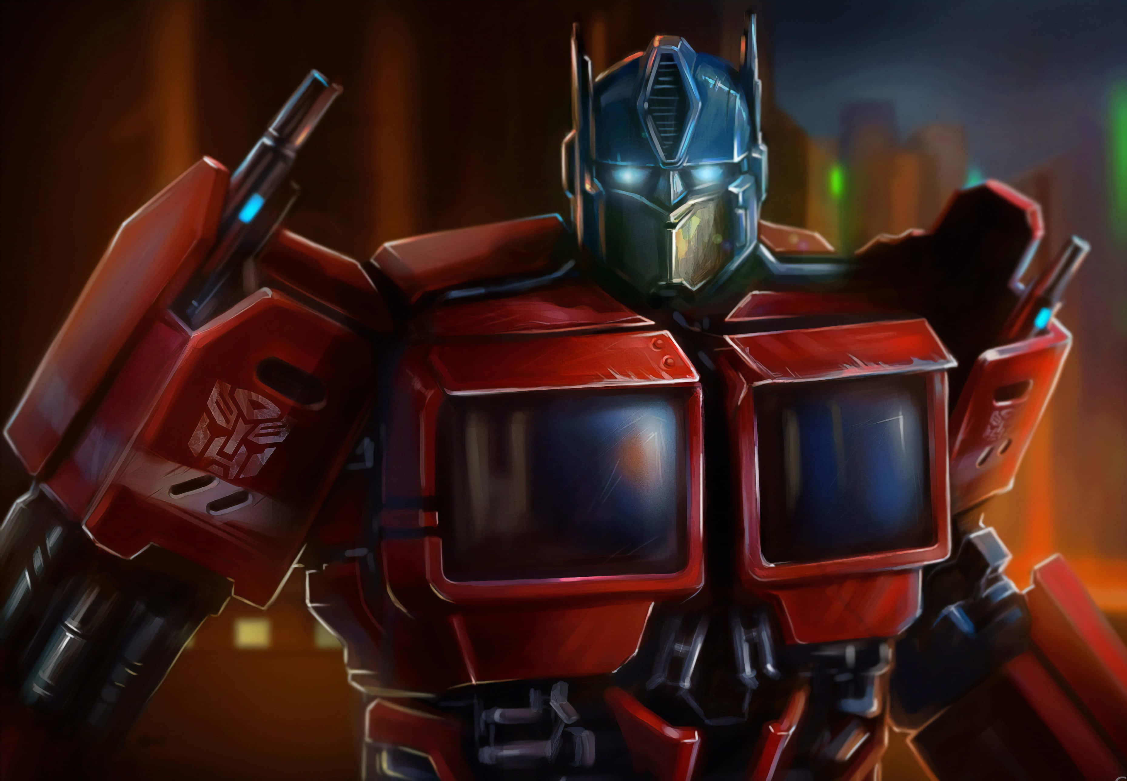 Optimus Prime 4K 桌布 壁紙 — 一個高大的紅藍機器人，雙眼發光，在夜晚模糊的城市景觀中英勇地站立。